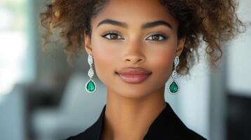 Stunning model showcases elegant emerald earrings in a close-up portrait photo