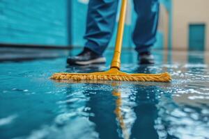 Cleaning worker mops floor in industrial space during daytime photo