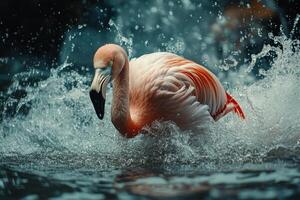 Flamingo splashing in water creating ripples under soft sunlight in a vibrant setting photo