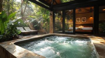 Relaxing garden retreat with a hot tub surrounded by lush greenery and natural light in the afternoon photo