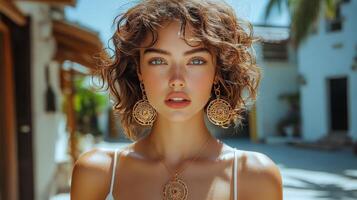 Captivating portrait of a woman with natural beauty and elegant accessories in lush surroundings photo
