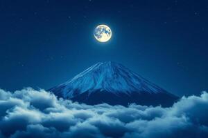 Majestic Mount Fuji under a bright full moon with clouds in the night sky photo