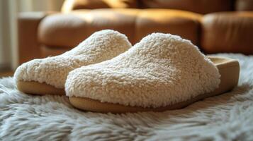 Cozy blue slippers resting on a soft rug with a warm blanket in the background photo