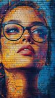Colorful mural of a woman with sunglasses displayed on a brick wall in an urban setting photo