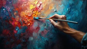 Artist applying bright colors with a brush on a vibrant canvas during a creative session photo