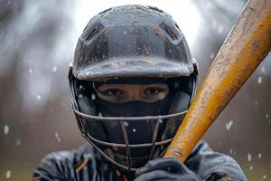 Young girl prepares to bat during a youth baseball game in bright daylight with determination in her eyes photo