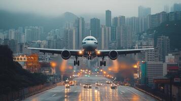 Airplane landing near urban area with high-rise buildings and busy streets during overcast weather photo