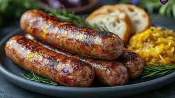 Grilled sausages served with bread and pickled onions on a dark plate photo