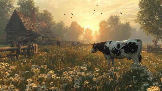Cows grazing in a lush meadow surrounded by trees and wildflowers during a sunny afternoon photo