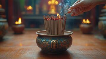 Young person meditating in a temple surrounded by incense and candles during a spiritual ritual photo