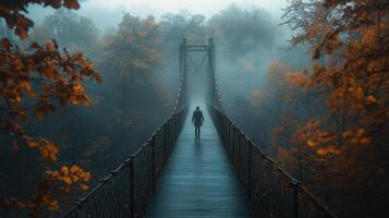 Captivating autumn walk on a misty suspended bridge surrounded by vibrant foliage photo