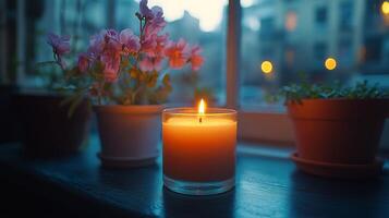 Warm glow of a candle illuminating a dark space with soft bokeh background photo