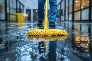 Cleaning worker mops floor in industrial space during daytime photo