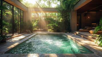Relaxing garden retreat with a hot tub surrounded by lush greenery and natural light in the afternoon photo