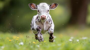 Playful calf running across an open field during daylight in a rural area photo