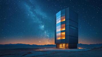 Observatory on mountain peak at twilight with starry sky in the background photo
