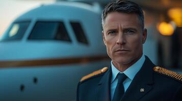 A pilot wearing a formal uniform stands in front of an aircraft as twilight approaches photo