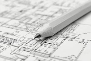 Close-up of orange pencil highlighting architectural blueprint in a creative workspace photo