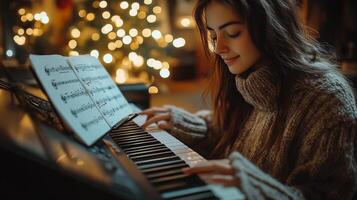 Musician plays keyboard in a cozy, candlelit setting during the evening photo