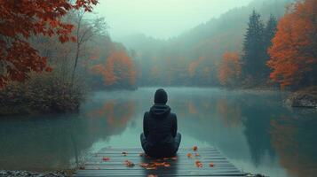 Serenity at the lake in autumn with fog and vibrant foliage in the mountains photo
