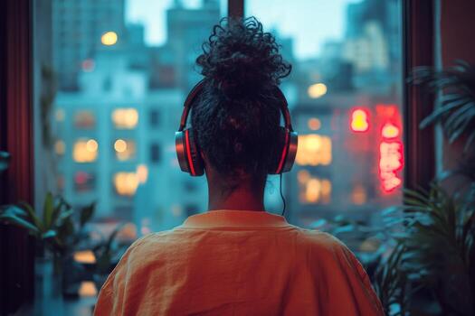 Person working on computer at home office with headphones and cozy atmosphere in late afternoon photo