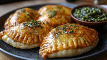 Delicious stuffed pastries with vegetables served on a black plate photo