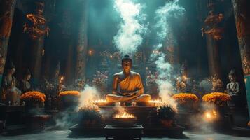 Serenity in a tranquil temple surrounded by fragrant flowers and soft incense smoke during a peaceful morning photo