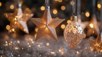 Shimmering holiday decorations with sparkling ornaments and lights creating a festive atmosphere photo