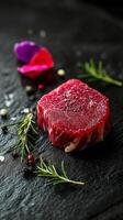 Fresh red meat cut against a black background showcases its rich color and texture photo