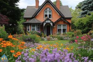 Colorful garden surrounding a charming brick house in a serene neighborhood during a clear day photo