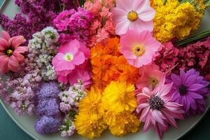 Colorful arrangement of fresh flowers displayed in a round dish on a garden table photo