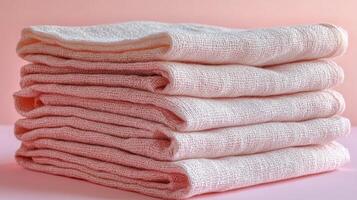 Soft pink towels stacked neatly on a pastel background for home dcor and relaxation photo