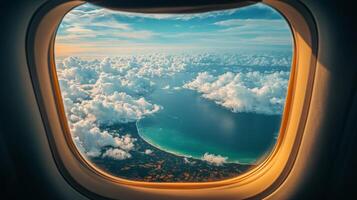 Breathtaking aerial view from airplane window showcasing coast and clouds above blue ocean photo