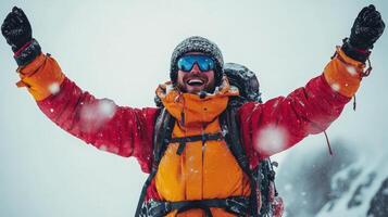 Mountain climber celebrates at sunset on a snowy peak with stunning views of clouds and distant mountains photo