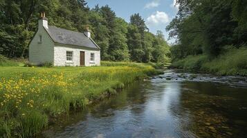 Cozy black cabin by serene stream surrounded by lush forest in early evening light photo