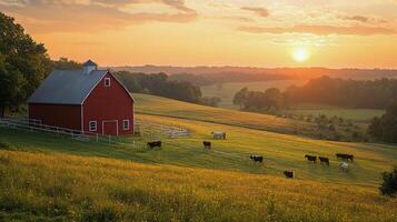 Red barn surrounded by green hills and grazing cows on a cloudy day photo