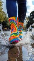 Colorful boots making splashes in puddles during a rainy day photo