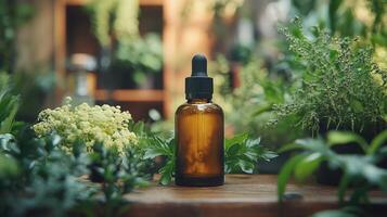 Natural oil dropper bottle surrounded by fresh herbs in a tranquil setting photo