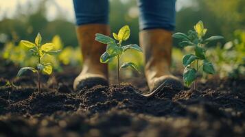 Gardener tending to young plants in fertile soil surrounded by lush greenery in sunny weather photo