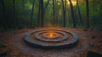 Serene stone labyrinth at sunset surrounded by trees in a tranquil forest setting photo