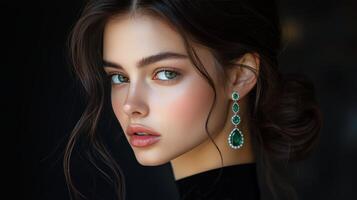 Stunning model showcases elegant emerald earrings in a close-up portrait photo