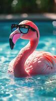 Flamingo with sunglasses enjoying a sunny day in a vibrant swimming pool photo