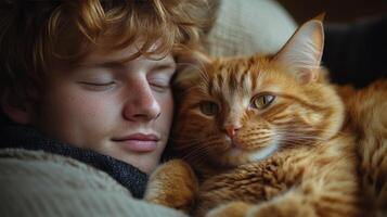 Cozy moment between a young man and an orange cat in a warm indoor setting photo