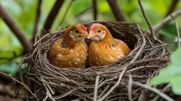 Two young birds sharing a cozy nest in a lush environment during the daytime photo