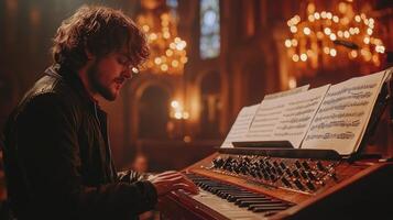 Musician plays keyboard in a cozy, candlelit setting during the evening photo