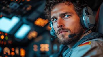 Focused astronaut in orange suit prepares for a space mission at dawn with cabin lights shining photo
