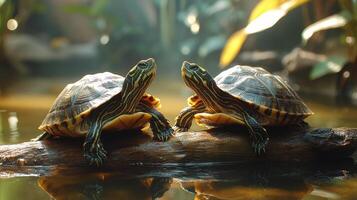 Two turtles basking on a log in a serene aquatic environment during daylight hours photo