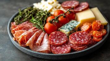 Charcuterie platter featuring various cheeses, meats, and herbs arranged on a rustic serving board photo