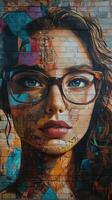 Colorful mural of a woman with sunglasses displayed on a brick wall in an urban setting photo