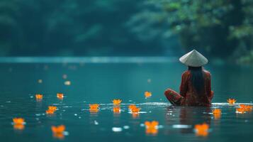 Woman in traditional clothing sits in calm water surrounded by flowers in serene landscape photo